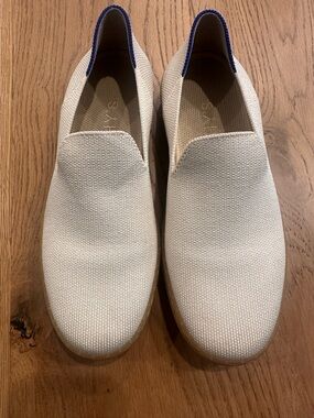 Rothy's Cream Knit Slip-On Loafers with Blue Trim